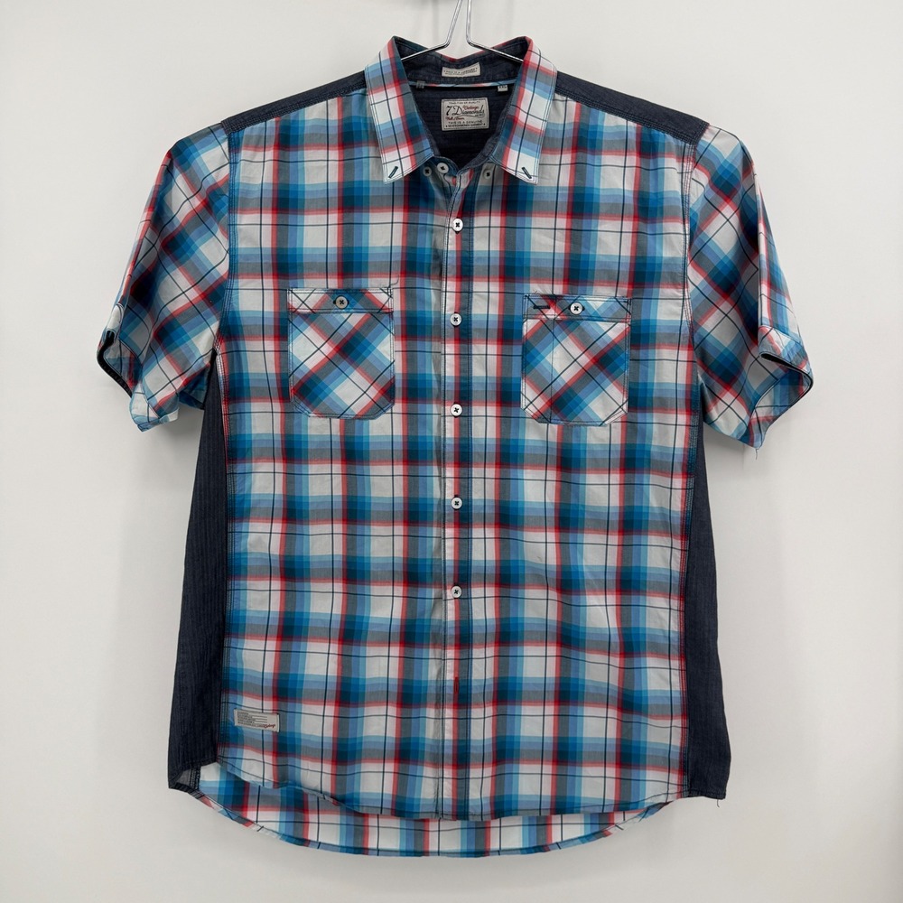 7 Diamonds Button Down Shirt Mens XXL Blue Red Plaid Cotton Contrast Panel
